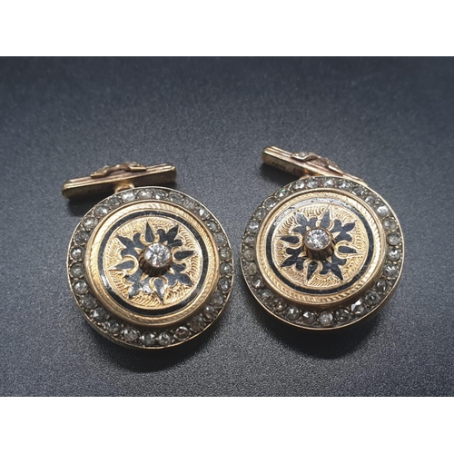 20 - A PAIR OF VINTAGE RUSSIAN 14CT GOLD CUFFLINKS ENCRUSTED WITH DIAMONDS  AND DECORATED WITH ENAMEL AND... 