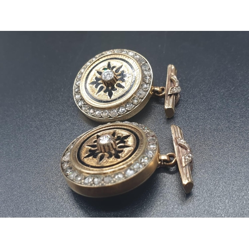 20 - A PAIR OF VINTAGE RUSSIAN 14CT GOLD CUFFLINKS ENCRUSTED WITH DIAMONDS  AND DECORATED WITH ENAMEL AND... 
