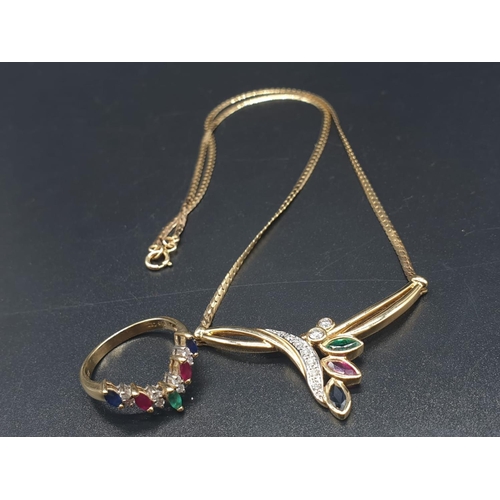 41 - A 14CT GOLD NECKLACE AND MATCHING RING DECORATED WITH DIAMONDS, EMERALDS, SAPHIRES AND RUBY. TOTAL W... 