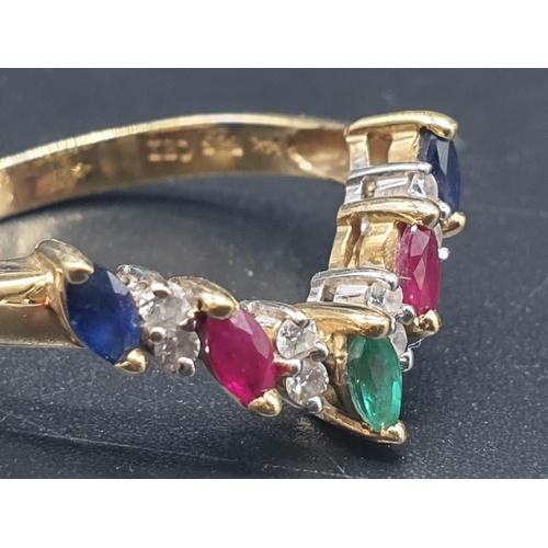 41 - A 14CT GOLD NECKLACE AND MATCHING RING DECORATED WITH DIAMONDS, EMERALDS, SAPHIRES AND RUBY. TOTAL W... 