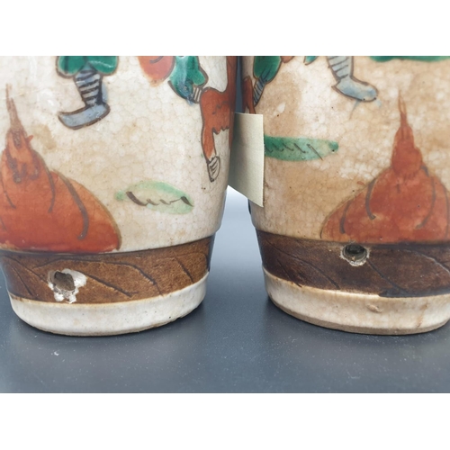 455 - A Pair of Hand Painted Antique Chinese Vases. Warrior and Ornate decoration throughout. Signed at ba... 