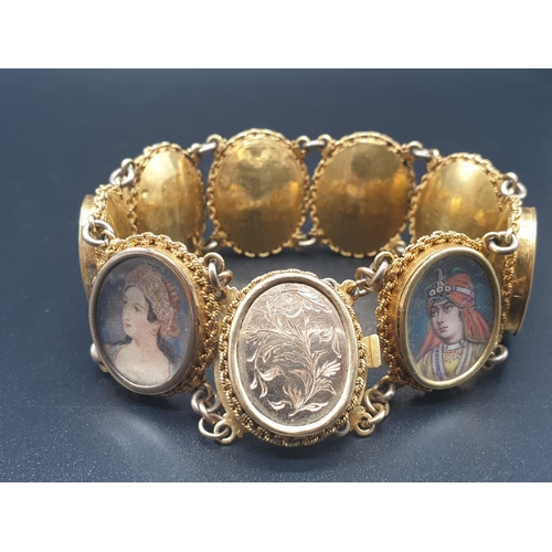 48 - AN INDIAN 19TH CENTURY 22CT GOLD PORTRAIT BRACELET. 43 1gms  and 19cms long.