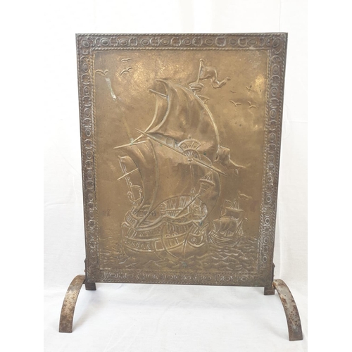 467 - A Pair of Vintage Brass and Iron Fire Screens with relief images of a Stagecoach Party and a Ship at... 