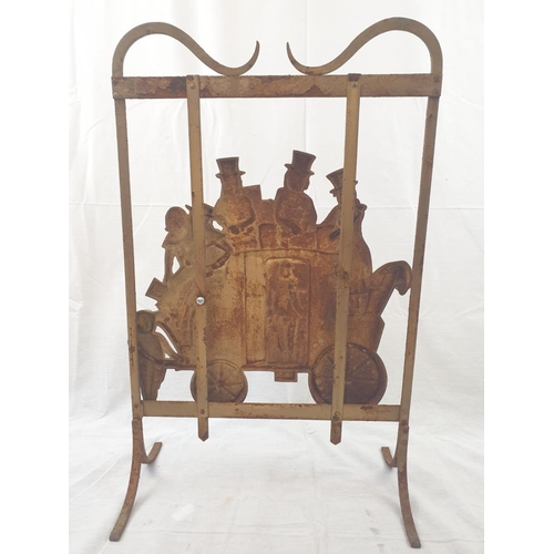 467 - A Pair of Vintage Brass and Iron Fire Screens with relief images of a Stagecoach Party and a Ship at... 