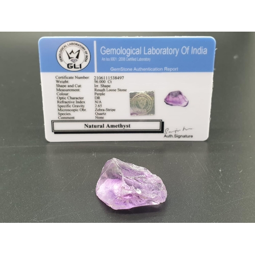 932 - 56 Cts Natural Rough Amethyst. GLI Certified