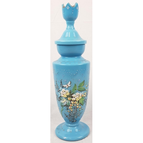 148 - A 19th Century Czech Bohemian Turquoise Hand-Painted Vase. Crown Lid, elegant floral design. 50cm ta... 