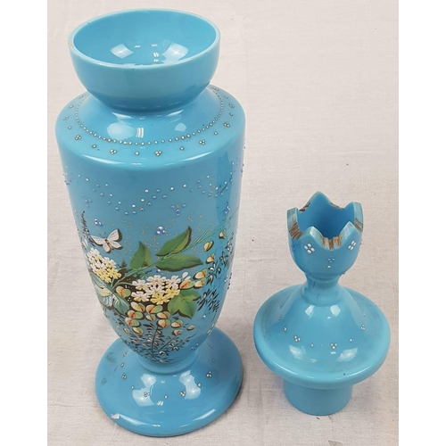 148 - A 19th Century Czech Bohemian Turquoise Hand-Painted Vase. Crown Lid, elegant floral design. 50cm ta... 