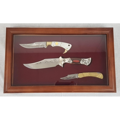 718 - Three Solingen, Germany cased decorated hunting knives issued by the Franklin Mint. With certificate... 