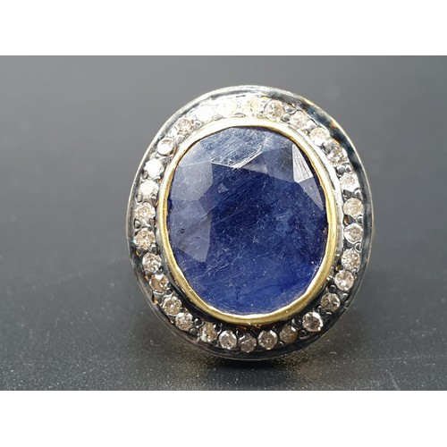 419 - 10cts Natural Blue Sapphire gemstone ring in vintage style with halo of diamonds in 925 silver with ... 