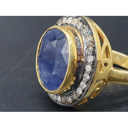 419 - 10cts Natural Blue Sapphire gemstone ring in vintage style with halo of diamonds in 925 silver with ... 