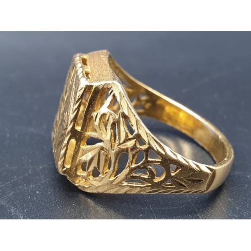 182 - A 22 carat yellow gold, gents ring, with square engraved crown and engraved and pierced shoulders, r... 