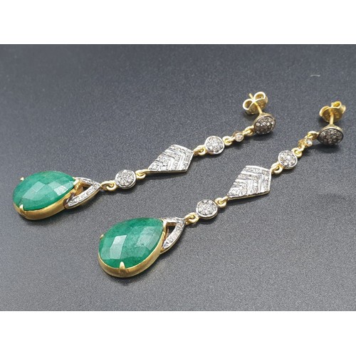 285 - A pair of Silver Gilt Dangler emerald earrings in Vintage style with approx 2cts rose cut diamonds. ... 