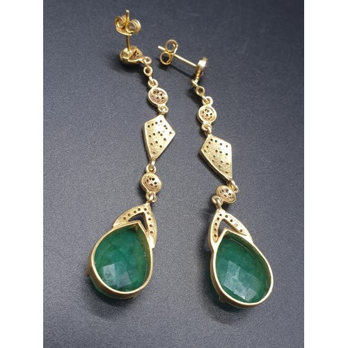 285 - A pair of Silver Gilt Dangler emerald earrings in Vintage style with approx 2cts rose cut diamonds. ... 