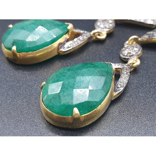 285 - A pair of Silver Gilt Dangler emerald earrings in Vintage style with approx 2cts rose cut diamonds. ... 