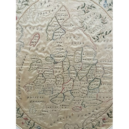 304 - AN EMBOIDERED SILK MAP OF ENGLAND AND WALES IN A FRAME (SLIGHT DAMAGE) A/F