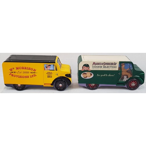 437 - 2 Vintage Biscuit Tin Vans. Morrisons and Marks and Spencer. 32cm