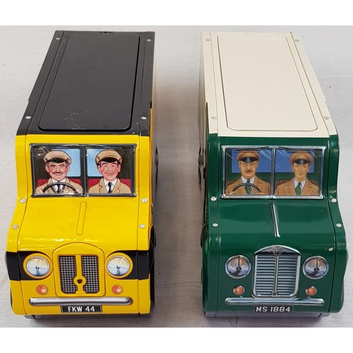 437 - 2 Vintage Biscuit Tin Vans. Morrisons and Marks and Spencer. 32cm