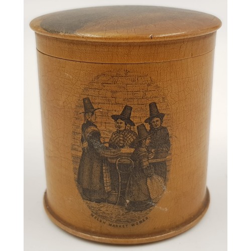 425 - Antique (circa 1900) Mauchline Ware Box. Welsh Market Women. 6.5cm