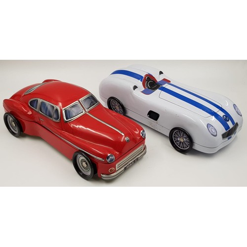 432 - 2 Biscuit Tin Racing Cars. 28cms