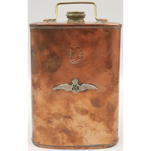 68 - WW1 Copper Hot Drinks Flask with a silver R.F.C badge soldiered on it. This would have been used for... 