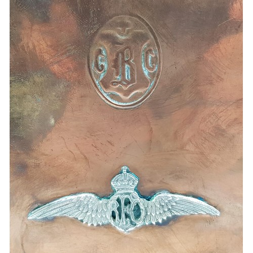68 - WW1 Copper Hot Drinks Flask with a silver R.F.C badge soldiered on it. This would have been used for... 