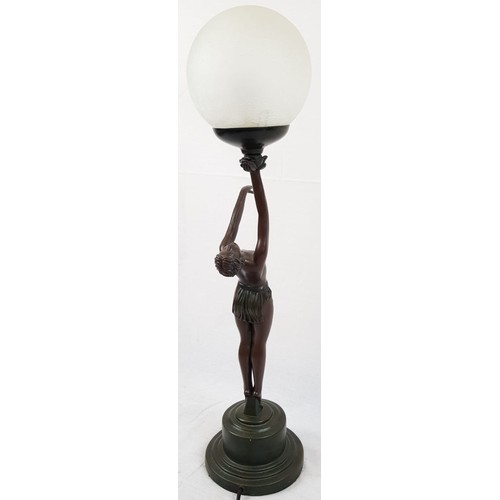 739 - A LARGE BRONZE  ART DECO LAMP DEPICTING THE FAMOUS DANCER ISADORE DUNCAN HOLDING A GLASS GLOBE.
STAN... 