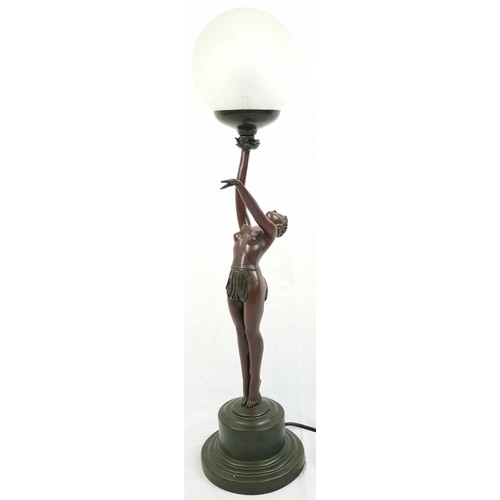 739 - A LARGE BRONZE  ART DECO LAMP DEPICTING THE FAMOUS DANCER ISADORE DUNCAN HOLDING A GLASS GLOBE.
STAN... 