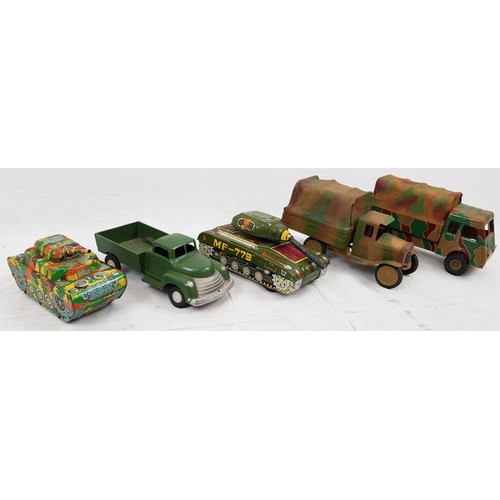 422 - 5 Vintage Tin Plate Army Toys. Truck 18cm long.