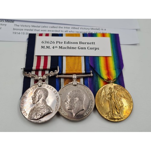 32 - WW1 Military Medal & Duo Awarded to 63626 Pte Edison Burnett of the 4th Machine Gun Corps. With rese... 