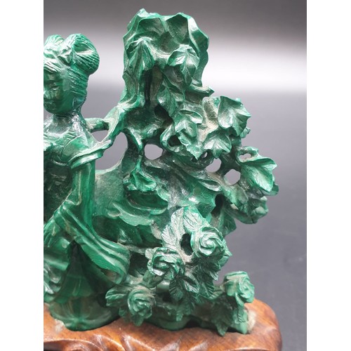 275 - CHINESE HAND CARVED MALACHITE WITH FIGURES ,FLOWERS AND ROCKERY ON ORIGINAL ROSEWOOD BASE  15.5CMS X... 