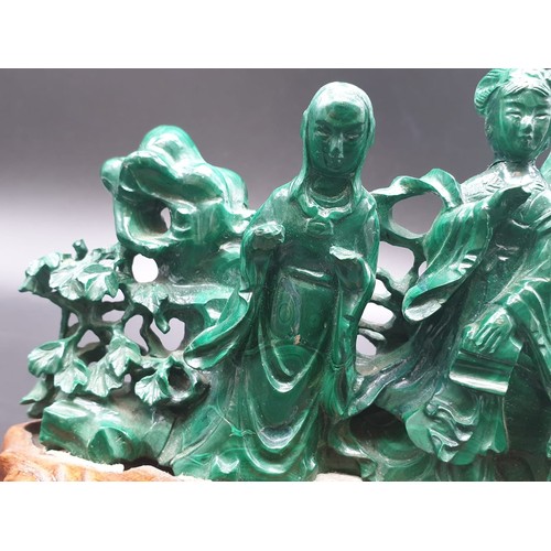 275 - CHINESE HAND CARVED MALACHITE WITH FIGURES ,FLOWERS AND ROCKERY ON ORIGINAL ROSEWOOD BASE  15.5CMS X... 