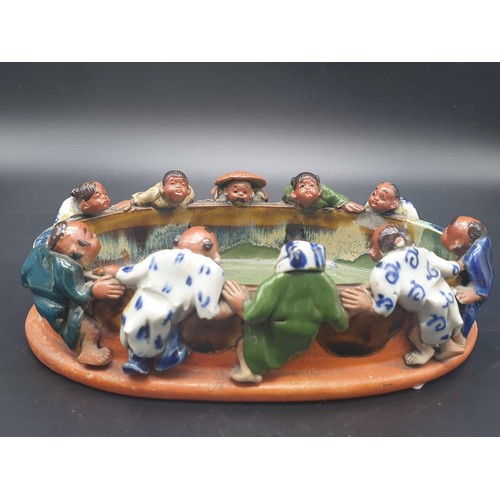 276 - ANTIQUE JAPANESE SUMIDA GAWA POTTERY DISH/BOWL WITH 10 FIGURE19.5 X 15.5CMS