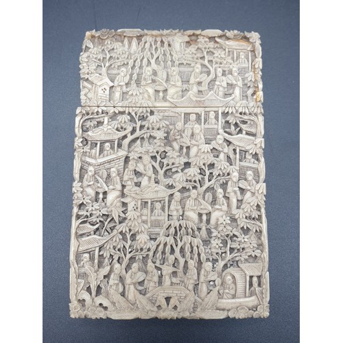 265 - Chinese 19th century deep hand carved ivory card case,
relief with garden figures and houses A/F