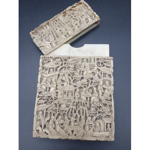 265 - Chinese 19th century deep hand carved ivory card case,
relief with garden figures and houses A/F