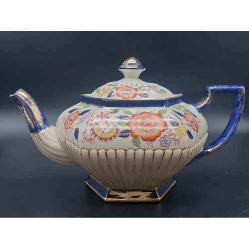 755 - A VINTAGE FLORAL DECORATED HEXAGONAL TEA POT BY S. JOHNSON LTD OF BURSLEM,
16cms TALL and 28cms from... 