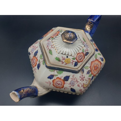 755 - A VINTAGE FLORAL DECORATED HEXAGONAL TEA POT BY S. JOHNSON LTD OF BURSLEM,
16cms TALL and 28cms from... 