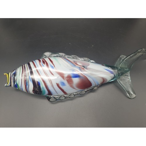 768 - A MULTI COLOURED GLASS FISH VASE/FLOWER HOLDER, STANDING 35.5cms  and 14cms wide