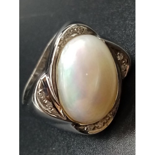 348 - 18ct White Gold RING with central Moonstone surrounded by small diamonds.   10.8g     Size: P