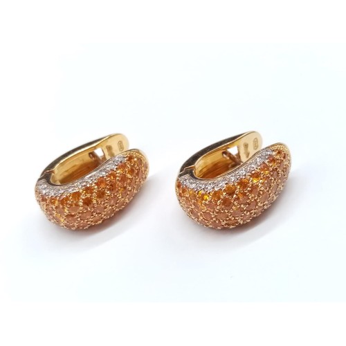 356 - Pair of 18ct Yellow Gold EARRINGS with Diamonds and Hessonite.  17.3g