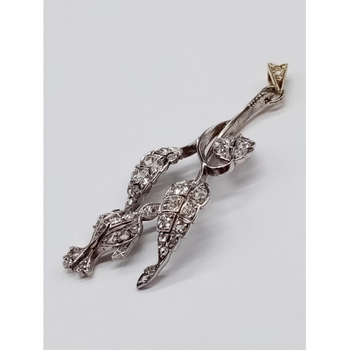 735 - Antique Silver and Gold Diamond PENDANT in the shape of a budding flower and leaves.  3.7g   5cm dro... 