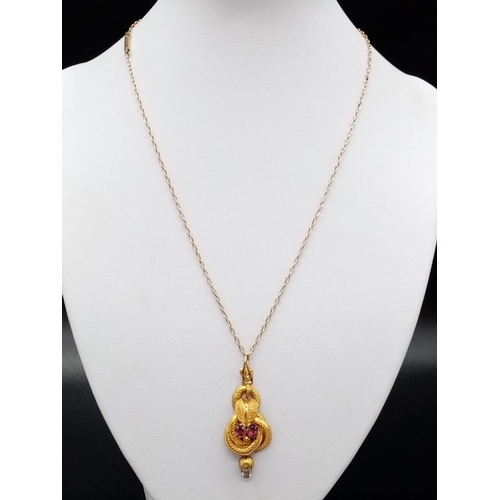 857 - Antique Georgian 15ct Yellow Gold PENDANT on 44cm. CHAIN.  5.23g    4.5cm drop.