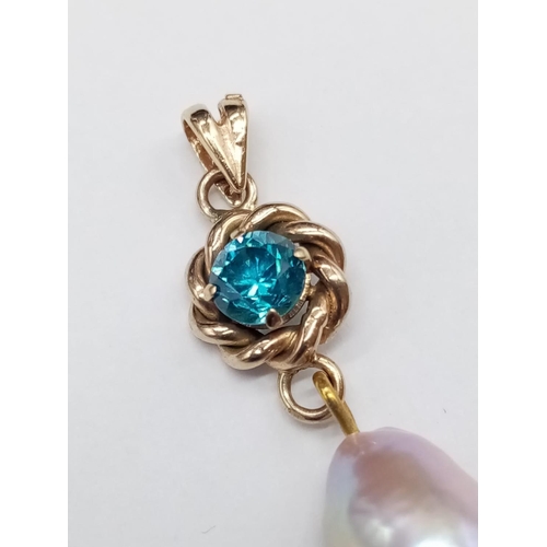 858 - Yellow Gold 14ct PENDANT with Baroque Pearl and turquoise colour stone.   4.36g   3.5cm drop