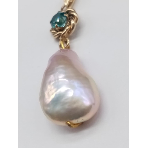 858 - Yellow Gold 14ct PENDANT with Baroque Pearl and turquoise colour stone.   4.36g   3.5cm drop