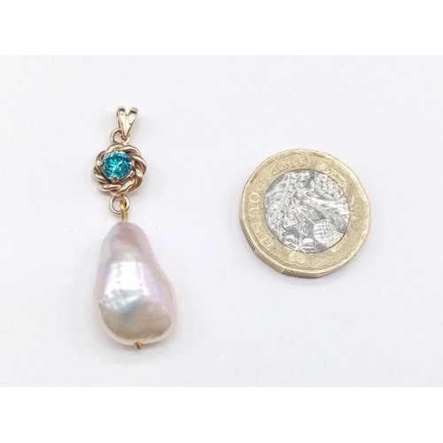 858 - Yellow Gold 14ct PENDANT with Baroque Pearl and turquoise colour stone.   4.36g   3.5cm drop