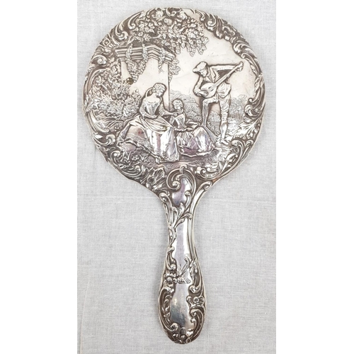 549 - A White-Metal Antique Hand Mirror and Manicure. Beautiful Ornate design. Slight damage to the mirror... 