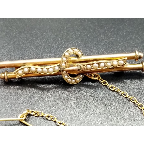 558 - 9ct Vintage Yellow Gold Seed Pearl BAR BROOCH.  3.3g   5cm width