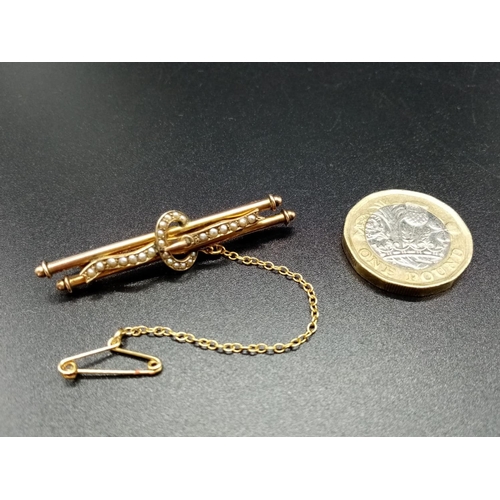 558 - 9ct Vintage Yellow Gold Seed Pearl BAR BROOCH.  3.3g   5cm width