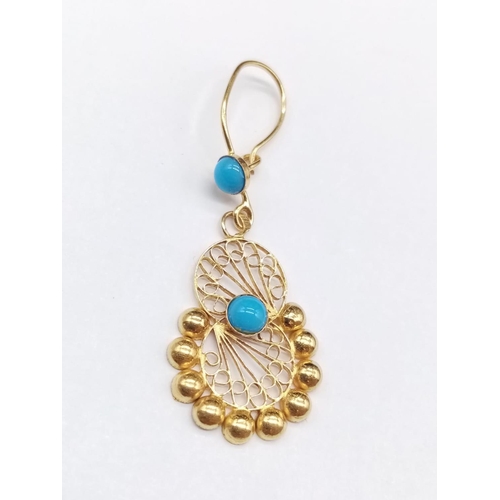 851 - Pair of Yellow Gold and Turquoise EARRINGS.   2.3g   4.5cm drop