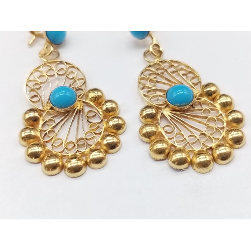 851 - Pair of Yellow Gold and Turquoise EARRINGS.   2.3g   4.5cm drop