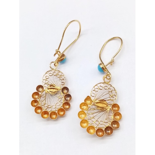 851 - Pair of Yellow Gold and Turquoise EARRINGS.   2.3g   4.5cm drop